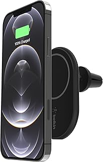 Беспроводное магнитное автомобильное зарядное устройство Belkin MagSafe мощностью 10 Вт - BoostCharge Pro, магнитный держатель для телефона на вентиляционную решетку автомобиля для iPhone 16, iPhone 15, 14 и 13 серии, блок питания в комплекте - черное