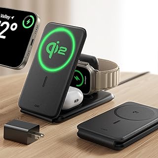 Зарядная станция ESR Qi2 3 в 1 для Apple, [сертифицированное] зарядное устройство для Apple Watch и зарядная подставка MagSafe Qi2 15 Вт для iPhone, дорожное зарядное устройство для нескольких устройств, iPhone 16/15/14/13, Watch и AirPods, черный