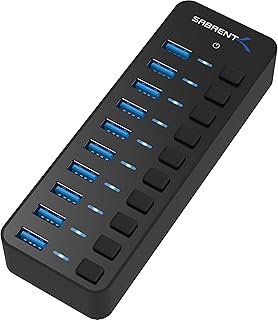 10-портовый USB 3.0-концентратор SABRENT мощностью 60 Вт с индивидуальными выключателями питания и светодиодами, в комплекте адаптер питания 60 Вт 12 В/5 А (HB-BU10)