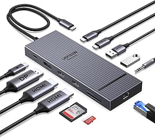 UGREEN Revodok Pro 12-в-1 тройная док-станция 4K с 2 HDMI, DP, 2x10G USB-C, 2×USB-A2.0, 100 Вт PD, SD/TF, Ethernet 1000 Мбит/с, 3,5-мм аудиоразъемом, USB-C-концентратором, многофункциональный адаптер для MacBook, DELL, HP и других устройств.