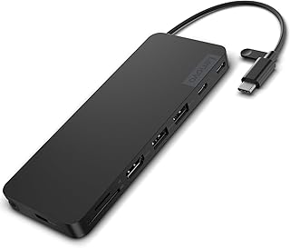 Док-станция Lenovo USB-C Slim Travel Dock, 8 портов, поддержка Power Delivery до 65 Вт, встроенный кабель USB-C, поддержка дисплеев 4K, черный.