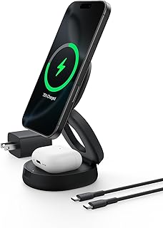 Беспроводная зарядная станция Belkin MagSafe 2-в-1 Qi2 мощностью 15 Вт, трансформируемое беспроводное зарядное устройство для iPhone 16, Apple Watch, AirPods, портативная подставка для телефона для путешествий с адаптером 30 Вт — черная.