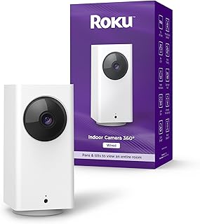 Внутренняя камера Roku 360° для домашней безопасности — камера видеонаблюдения с цветным ночным видением 1080p HD, совместимая с Alexa и Google, с функцией обнаружения движения и отслеживания, поворотом и наклоном — 90-дневная подписка включена.