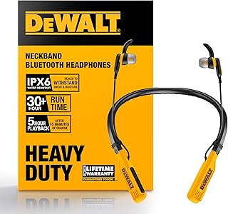 Наушники DEWALT Heavy Duty Bluetooth с шейным ободком, беспроводные наушники-вкладыши с временем работы до 30 часов + шумоизоляция, надежные магнитные крепления, встроенный микрофон для работы на стройплощадке.