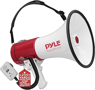 Портативный мегафон-динамик Pyle PA Bullhorn со встроенной сиреной, мощностью 50 Вт, регулируемой громкостью и дальностью действия 1200 ярдов — идеально подходит для любых видов спорта на открытом воздухе, болельщиков и тренеров, а также для проведения инструктажей по технике безопасности — PMP52BT