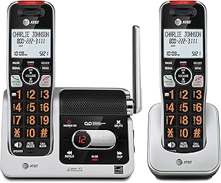 Беспроводной телефон AT&T BL102-2 DECT 6.0 с двумя трубками для дома, автоответчиком, блокировкой вызовов, озвучиванием номера, аудиопомощью, внутренней связью и непревзойденным радиусом действия, серебристо-черный.