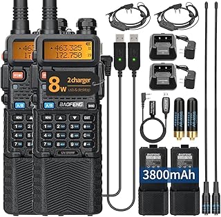 Радиостанция Baofeng UV-5R мощностью 8 Вт, дальнего действия, двухдиапазонная, портативная, с аккумулятором 3800 мАч, перезаряжаемая, с кабелем программирования и наушником, для выживания, 2 шт.
