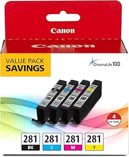 Набор из 4 чернил Canon CLI-281 черного, голубого, пурпурного и желтого цветов, совместимый с принтерами серий TR8520, TR8620, TS9120 и TS6210.