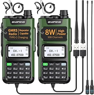 BAOFENG GMRS Radio Handheld Long Range GM-15 Pro 8W Walkie Talkie with Earphone NOAA Weather Receiver Rechargeable GMRS Repeater Two Way Radio with USB-C Charger for Hunter Survival Gear, 2Pack