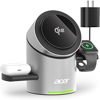 Зарядная станция Acer 3 в 1 для Apple - беспроводная зарядная станция Qi2 15 Вт для iPhone, подставка MagSafe для iPhone 16 15 14 13 12 - Apple Watch - Airpods (зарядное устройство и USB-C в комплекте)