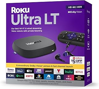 Roku Ultra LT (2023) — потоковый плеер с четырехъядерным процессором, поддержкой HD/4K/HDR Dolby Vision, HDMI-кабелем, наушниками, голосовым пультом дистанционного управления с функцией приватного прослушивания и Ethernet-портом.