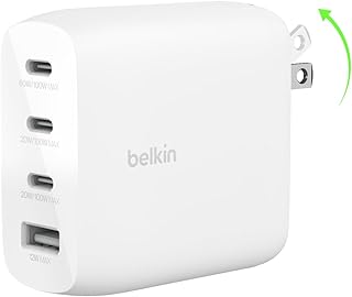 Зарядное устройство Belkin мощностью 112 Вт с 4 портами GaN, поддержкой сверхбыстрой зарядки USB-C Power Delivery и портом USB-A для MacBook, Samsung Galaxy S25, Apple iPhone 16, iPad, Google Pixel, Nintendo Switch 2 и других устройств.