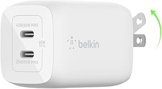 Зарядное устройство Belkin 65 Вт с двумя портами USB-C, сверхбыстрая зарядка PD3.0 с технологией GaN — для Samsung Galaxy S25, Apple iPhone 16, 15, 14, 13, Pro, Pro Max, iPad, MacBook, Nintendo Switch 2 и других устройств — белое.