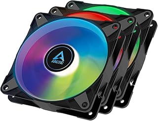 Вентиляторы для ПК ARCTIC P12 PWM PST A-RGB (3 шт.), 120-мм корпусные вентиляторы с ШИМ-управлением, оптимизированные для статического давления, полупассивный режим: 200–2000 об/мин (0 об/мин <5%), 5 В 3-контактный ARGB LED, черные.