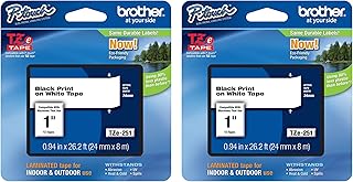 Оригинальная ламинирующая лента Brother P-Touch TZe-251, комплект из 2 рулонов, черная печать на белом фоне, стандартная клейкая ламинирующая лента для этикеточных принтеров P-Touch. Ширина каждого рулона 0,94 дюйма/24 мм (~ 1 дюйм), длина 26,2 фута (8 м).