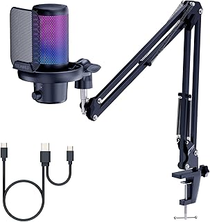Игровой USB-микрофон FEELWORLD VM1 с шумоподавлением, функцией отключения звука и RGB-подсветкой, компьютерные аксессуары и подарки для геймеров. Подходит для YouTube, Twitch, подкастов, стриминга, записи, онлайн-чата, PS4 и PS5.