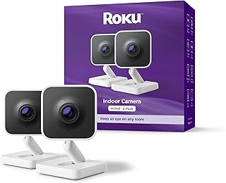 Внутренняя камера Roku — система домашней безопасности — комплект из 2 проводных камер видеонаблюдения и монитора для домашних животных с цветным ночным видением 1080p HD, совместимостью с Alexa и Google, обнаружением движения и звука, WDR и Wi-Fi 6.
