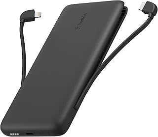 Портативное зарядное устройство Belkin, внешний аккумулятор 10000 мАч, 23 Вт со встроенным кабелем Lightning и кабелем USB-C — зарядное устройство для iPhone 16, 15, 14, Galaxy S25, Pixel 9, незаменимый аксессуар для путешествий — черный