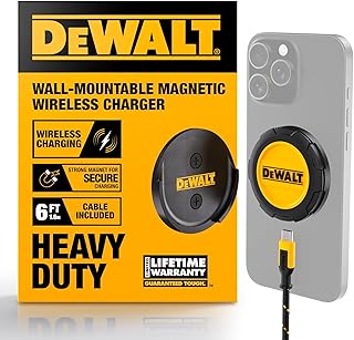 Мощное беспроводное зарядное устройство DEWALT, максимальная мощность 15 Вт, быстрая беспроводная зарядная панель для iPhone 16/16 Plus/16 Pro Max/15/14/13/12, совместимых с MagSafe, в комплекте с настенной монтажной пластиной (адаптер переменного тока не входит в комплект).