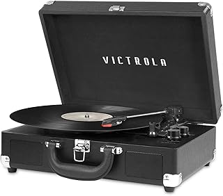Портативный проигрыватель виниловых пластинок Victrola Journey Bluetooth в чемодане – со встроенными динамиками, 3-скоростным проигрывателем, RCA-выходом и разъемом для наушников (черный)