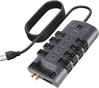 Удлинитель Belkin с защитой от перенапряжения, 8 поворотными и 4 стандартными розетками — прочный удлинительный кабель длиной 2,4 м с плоской поворотной вилкой для дома, офиса, путешествий, настольного компьютера и зарядного устройства — защита 4320 Джоулей