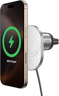Беспроводное автомобильное зарядное устройство Belkin 15 Вт - магнитное зарядное устройство, совместимое с MagSafe - беспроводное зарядное устройство, сертифицированное по стандарту Qi2, магнитный держатель для телефона на вентиляционную решетку автомобиля для iPhone 16, 15, 14, 13, 12 и Samsung Galaxy S25 Series - серый