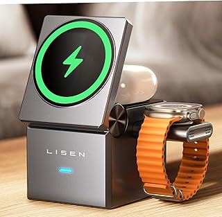 Беспроводная зарядная станция LISEN 3 в 1 для Apple, складная подставка-куб для iPhone с зарядным устройством MagSafe, для iPhone 16, 16e, 15, 14, 13 и Apple Watch, серого цвета.