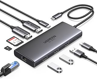 Док-станция UGREEN Revodok Pro 210 10 в 1, USB-C, два HDMI-порта, поддержка 4K@60Hz, один порт 8K@30Hz, 100 Вт PD, 5 Гбит/с, порты передачи данных USB-C и USB-A, гигабитный Ethernet, устройство чтения карт SD/TF, USB-концентратор, совместимая с HP и Dell.
