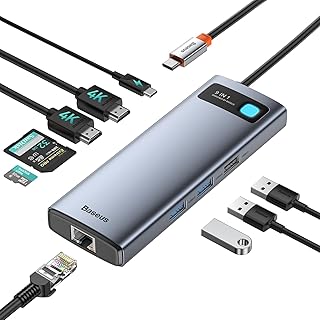 Док-станция для ноутбука Baseus с двумя мониторами, разрешением 4K@120Hz, USB-концентратором 9-в-1 с 2 HDMI, LAN 1000 Мбит/с, максимальной мощностью 85 Вт PD, 3 USB-портами, устройством чтения SD-карт, совместима с iPhone 15/Mac/Dell/HP/Surface/Steam Deck.