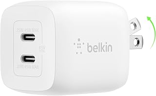 Зарядное устройство Belkin 45 Вт с двумя портами USB-C, сверхбыстрая зарядка PD3.0 с технологией GaN — для Samsung Galaxy S25, Apple iPhone 16, 15, 14, 13, Pro, Pro Max, iPad, MacBook, Nintendo Switch 2 и других устройств — белое.