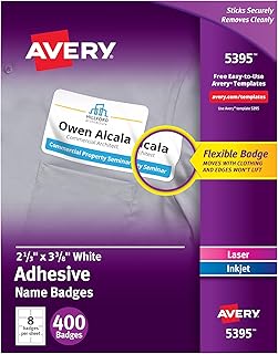 Гибкие именные бейджи Avery для печати, 2-1/3" x 3-3/8", матово-белые, 400 съемных бейджей для лазерных и струйных принтеров (5395)