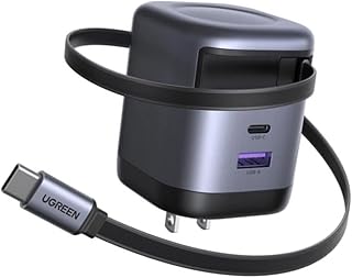 Зарядное устройство UGREEN Nexode 65W GaN USB C с выдвижным кабелем и 2 портами для быстрой зарядки iPhone 16/15/14, Galaxy S25/S24, Pixel 9/8/7, MacBook Pro/Air, iPad, AirPods