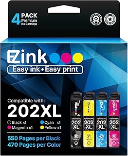 Восстановленные картриджи E-Z Ink 202XL большой емкости для принтеров Epson 202 XL 202XL T202XL, совместимые с принтерами Expression Home XP-5100 и Workforce WF-2860 (1 черный, 1 голубой, 1 пурпурный, 1 желтый, 4 шт. в упаковке).