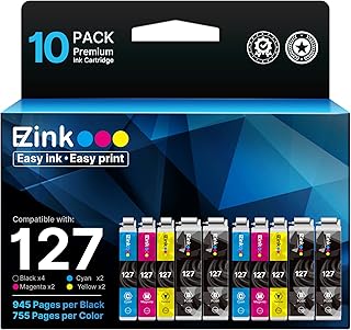 Восстановленные чернильные картриджи E-Z Ink для принтеров Epson 127 T127, совместимые с принтерами NX530 625 WF-3520 WF-3530 WF-3540 WF-7010 WF-7510 7520 545 645 (4 больших черных, 2 голубых, 2 пурпурных, 2 желтых), упаковка из 10 штук.
