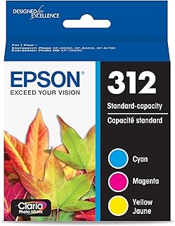 EPSON 312 Claria Photo HD, стандартная емкость картриджа (T312923-S). Совместим с принтерами Expression Photo XP-8500, XP-8600, XP-8700, XP-15000, а также с картриджами голубого, пурпурного и желтого цветов.