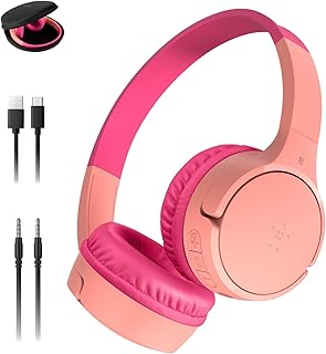 Belkin SoundForm Mini с чехлом — беспроводные Bluetooth-наушники для детей с 30-часовым временем автономной работы, безопасным уровнем громкости 85 дБ и встроенным микрофоном — детские накладные наушники для iPhone, iPad и других устройств — розовые