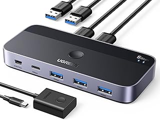 USB-переключатель UGREEN USB 3.0 для двух компьютеров, позволяющий совместно использовать устройства USB C и A, 4-портовый USB-переключатель для клавиатуры и мыши, USB-концентратор для принтера/сканера для двух компьютеров с двумя кабелями USB 3.0 и контроллером.