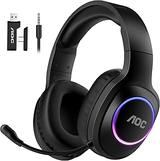 Беспроводная игровая гарнитура AOC для PS5, PS4, Nintendo Switch, ПК, Bluetooth 5.4 и 2.4 ГГц, с микрофоном с шумоподавлением, RGB-подсветкой, Type-C, задержкой 20 мс, 45 Гц, виртуальным объемным звуком 7.1 — черная.