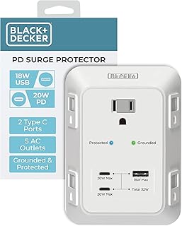 Сетевое зарядное устройство BLACK+DECKER PD USB с защитой от перенапряжения, удлинитель на 5 розеток с 2 портами USB-C PD и 1 портом USB-A для зарядки, быстрая зарядка, трехсторонний сетевой адаптер для дома и офиса, сертифицировано ETL.
