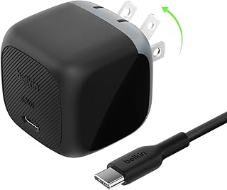 Зарядное устройство Belkin USB C мощностью 65 Вт — кабель USB C в комплекте — сверхбыстрая зарядка, настенное зарядное устройство Type C — подходит для Apple iPhone 16/15/14/13, Galaxy S25, Pixel 9, MacBook, iPad, Nintendo Switch 2 и других устройств — черное.