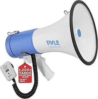Портативный мегафон-динамик PYLE PA Bullhorn со встроенной сиреной, мощностью 50 Вт, регулируемой громкостью и дальностью действия до 1200 ярдов. Идеально подходит для любых видов спорта на открытом воздухе, болельщиков и тренеров групп поддержки, а также для проведения учений по технике безопасности.