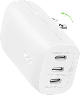 Зарядное устройство Belkin с 3 портами USB-C, 67 Вт, PPS, USB-C PD3.1, сверхбыстрая зарядка — для Samsung Galaxy S25, Apple iPhone 16, MacBook Pro, AirPods, Nintendo Switch 2 и других устройств с поддержкой PD — белое.