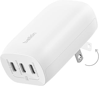 Зарядное устройство Belkin с 3 портами USB-C, 67 Вт, PPS, поддержка быстрой зарядки USB-C PD 3.1 для iPhone 16, MacBook Pro, AirPods, Galaxy, Nintendo Switch 2 и других устройств с поддержкой PD — белое.