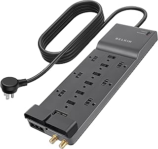 Удлинитель Belkin Power Strip Surge Protector с 12 розетками переменного тока, 10-футовой плоской вилкой и мощным удлинительным кабелем для дома, офиса, путешествий, зарядки настольных компьютеров, ноутбуков и телефонов (4156 Джоулей).