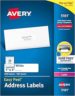 Адресные этикетки Avery Easy Peel с функцией автоматической подачи бумаги, 1" x 4", белые, 2000 пустых почтовых этикеток для лазерных принтеров (5161)