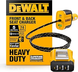 Автомобильное зарядное устройство DEWALT Heavy Duty 72 Вт с 5 портами USB, многопортовое зарядное устройство для iPhone 16, быстрая зарядка PD и QC3.0, адаптер для прикуривателя с кабелем длиной 1,8 м, зарядка Type-C спереди/сзади для нескольких устройств.