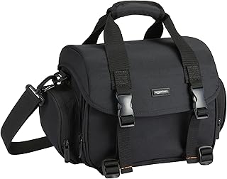 Большая сумка для гаджетов для зеркальной фотокамеры Amazon Basics, черная с оранжевой внутренней отделкой, однотонная.