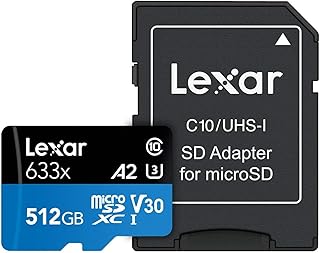 Высокопроизводительная карта памяти Lexar 633x 512 ГБ microSDXC UHS-I с SD-адаптером, поддерживает форматы C10, U3, V30, A2, Full-HD и 4K видео, скорость чтения до 100 МБ/с, подходит для смартфонов, планшетов и экшн-камер (LSDMI512BBNL633A).
