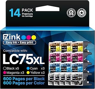Сменные картриджи E-Z Ink для принтеров Brother LC75 LC71 LC79 XL, совместимые с MFC-J6510DW, MFC-J6710DW, MFC-J6910DW, MFC-J280W, MFC-J425W (5 черных, 3 голубых, 3 пурпурных, 3 желтых), упаковка из 14 штук.