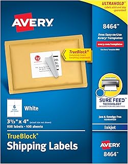 Наклейки для отправки Avery с технологией Sure Feed, белые, 3-1/3" x 4", 600 пустых почтовых наклеек (8464)